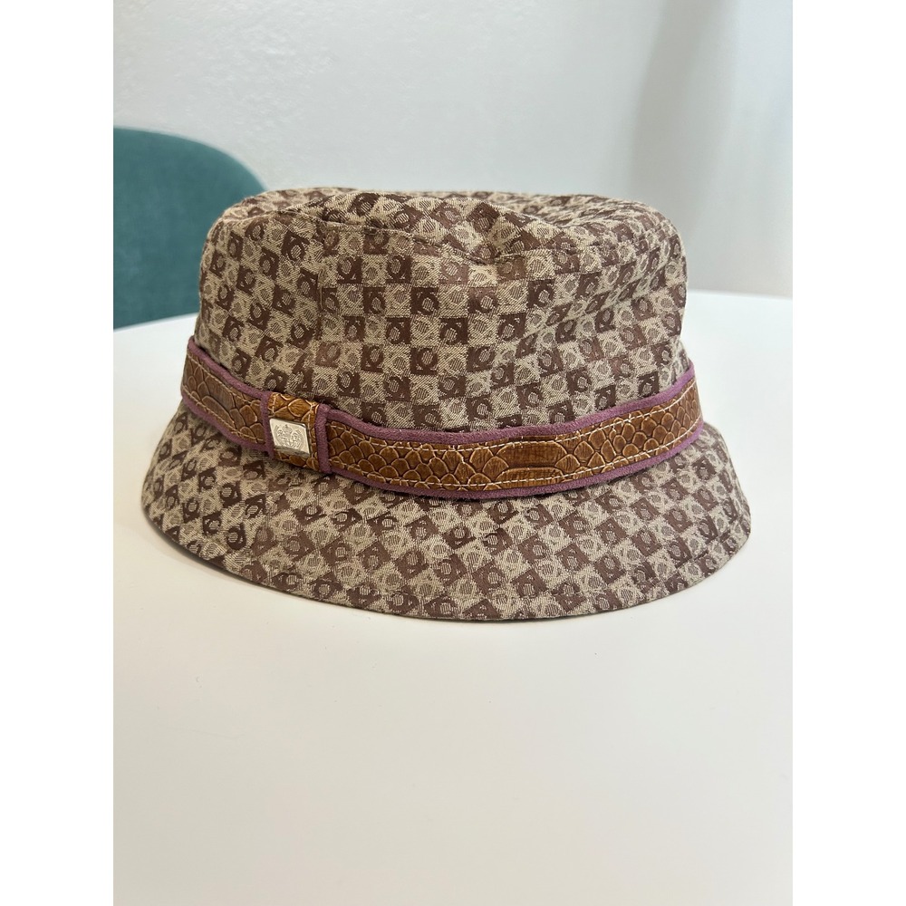 Liz Claiborne Monogram Bucket Hat Brown Tan Faux Snakeskin Trim Silver Crest